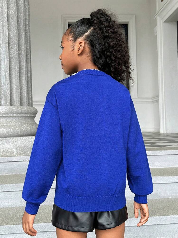 Tween Girl Slogan Pattern Floral Crochet Drop Shoulder Sweater