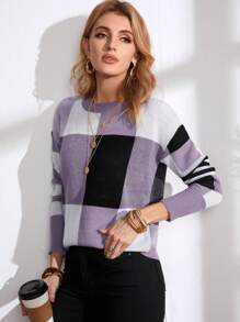 EMERY ROSE Cut And Sew Drop Shoulder Sweater,Long Sleeve Tops Knit Pullover Fall Winter Sweater - Mauve Purple - View 4