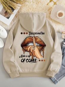 INAWLY Lip & Slogan Graphic Kangaroo Pocket Drawstring Thermal Hoodie Enjoy Personal Time PLEAS KEEP YOUR VOICE DOWN Make A Cup OF COFFEE,Long Sleeve Tops - Apricot - View 1