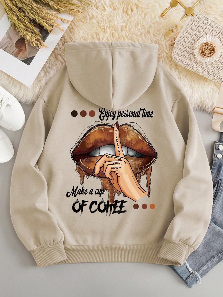 INAWLY Lip & Slogan Graphic Kangaroo Pocket Drawstring Thermal Hoodie Enjoy Personal Time PLEAS KEEP YOUR VOICE DOWN Make A Cup OF COFFEE,Long Sleeve Tops - Apricot - View 1