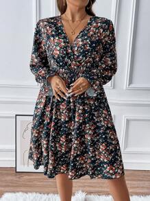 Flirla Plus Ditsy Floral Print Flare Sleeve Dress