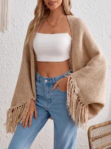 SHEIN VCAY Batwing Sleeve Fringe Hem Cardigan - Apricot - View 4