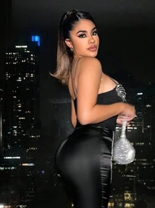 SHEIN SXY 水鑽細節吊帶連體衣 - 黑色 - 查看 6