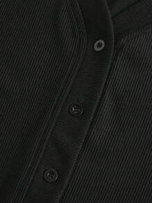 SHEIN 青少年女孩蕾絲邊前紐扣T恤 - 黑色 - 查看 3