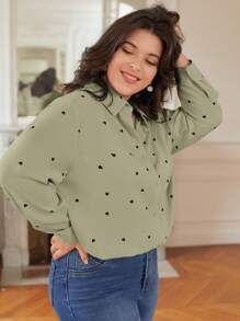 SHEIN Frenchy Plus Heart Print Button Front Shirt - Green - View 4