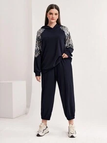 Mulvari Plus Geo Print Raglan Sleeve Hoodie & Sweatpants - Navy Blue - View 1