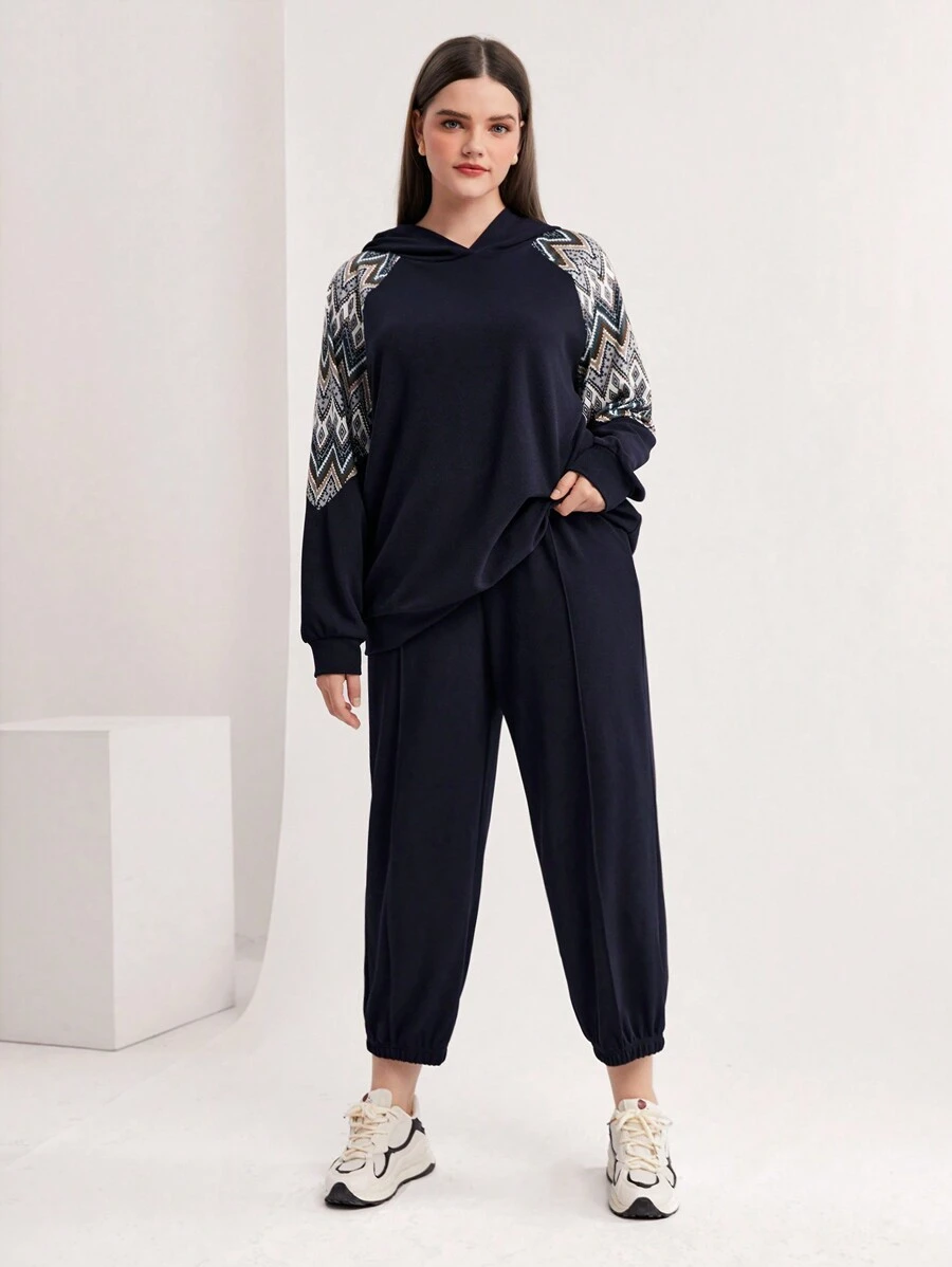 Mulvari Plus Geo Print Raglan Sleeve Hoodie & Sweatpants - Navy Blue - View 1