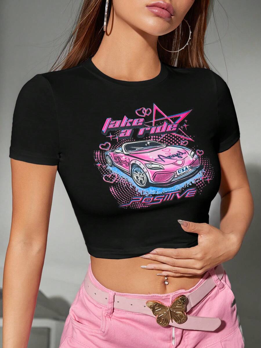 SHEIN ICON 汽車和字母圖案短款T恤 - 黑色 - 查看 1