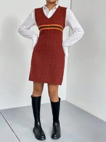 SHEIN Qutie Striped Pattern Cable Knit Sweater Dress Without Blouse - Burgundy - View 6
