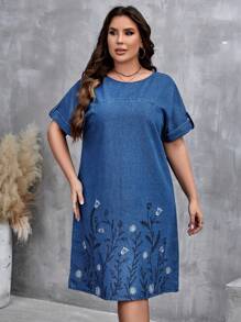 SHEIN LUNE Hơn Hoa thêu Mẫu tay cánh Đầm Denim - Rửa trung bình - Xem 7