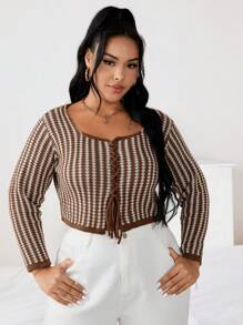 SHEIN Unity Hơn Mẫu Geo Lace lên phía trước Áo len Mở - Cà phê nâu - Xem 1