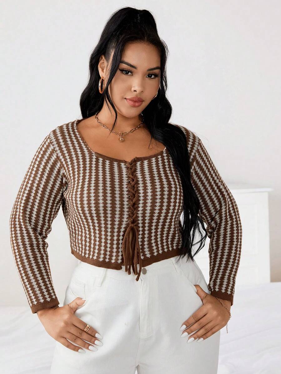 SHEIN Unity Hơn Mẫu Geo Lace lên phía trước Áo len Mở - Cà phê nâu - Xem 1