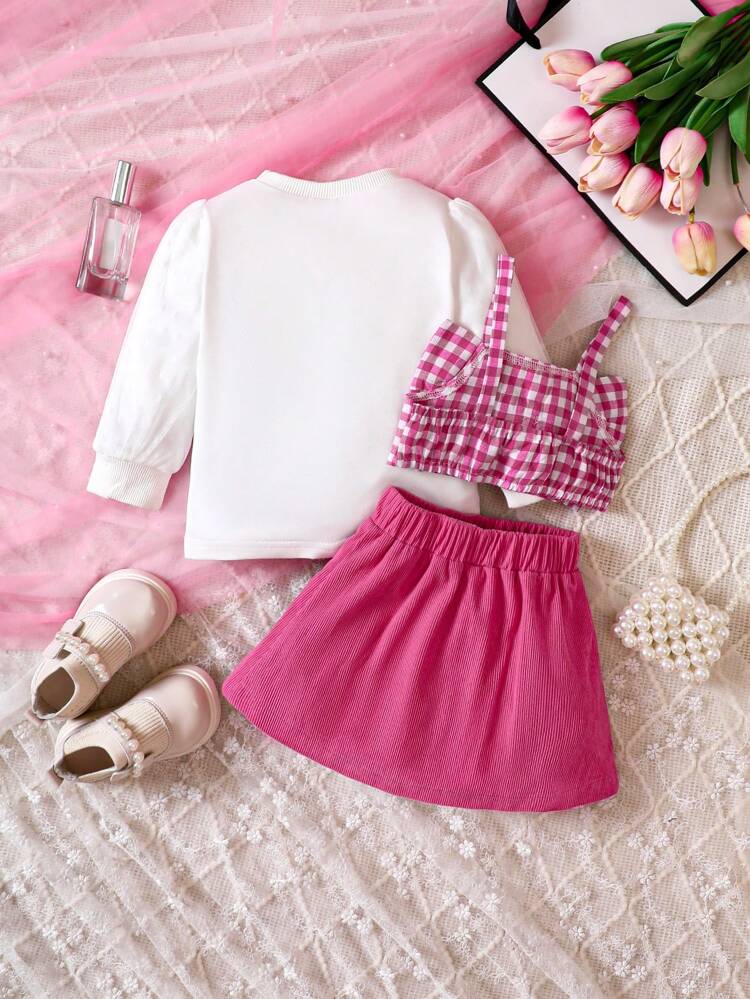 Baby Girl Gingham Print Bow Front Cami Top & Split Hem Skirt & Tee