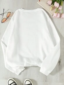 SHEIN EZwear 標語和卡通圖案運動衫 - 白色 - 查看 2