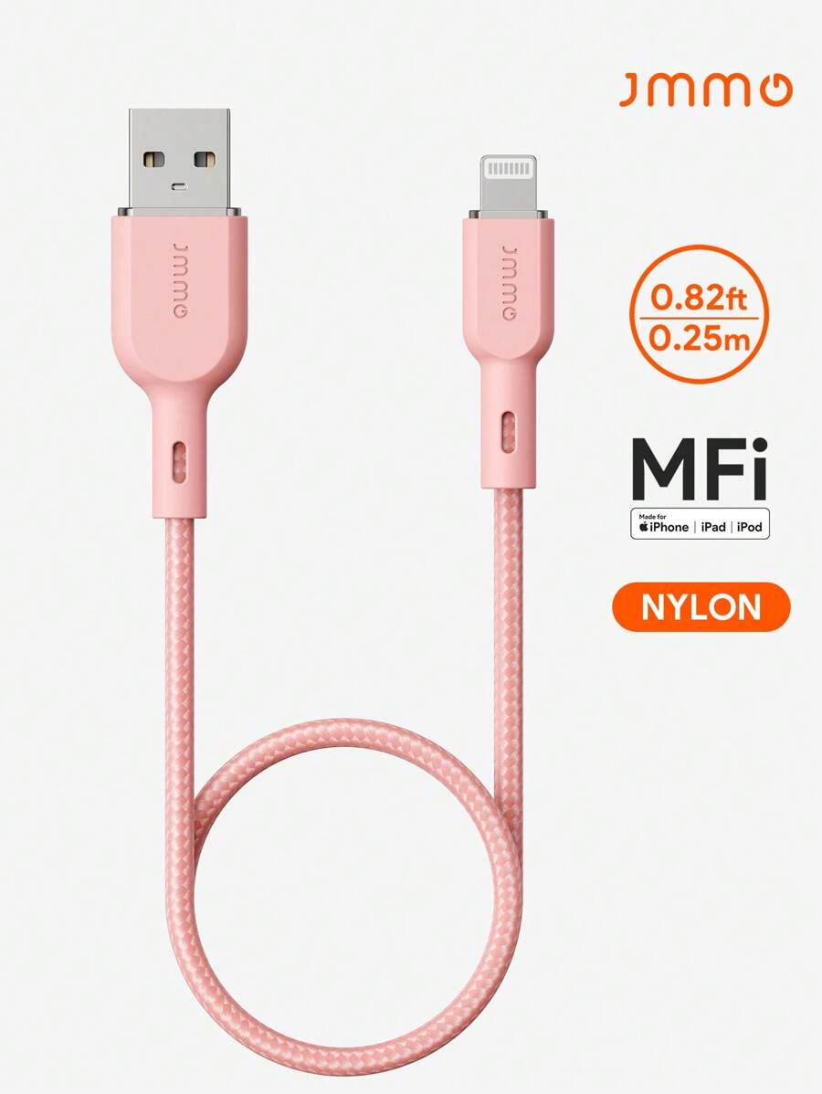 JMMO 1條尼龍 USB-A 轉 Lightning 傳輸線，尼龍編織線，兼容 480Mbps 數據傳輸，0.82FT/0.25M [MFi 認證] - 粉色 - 查看 1