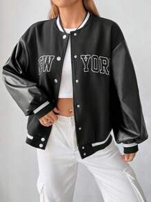 SHEIN EZwear Đồ họa Chữ cái Sọc trang trí Thả vai Áo khoác Không có Áo ba lỗ - màu đen - Xem 5