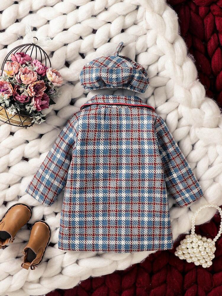 Baby Girl Plaid Dual Pocket Coat & Hat