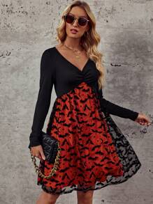 SHEIN Clasi 萬聖印花胸部褶皺網紗拼接洋裝 - 彩色 - 查看 1