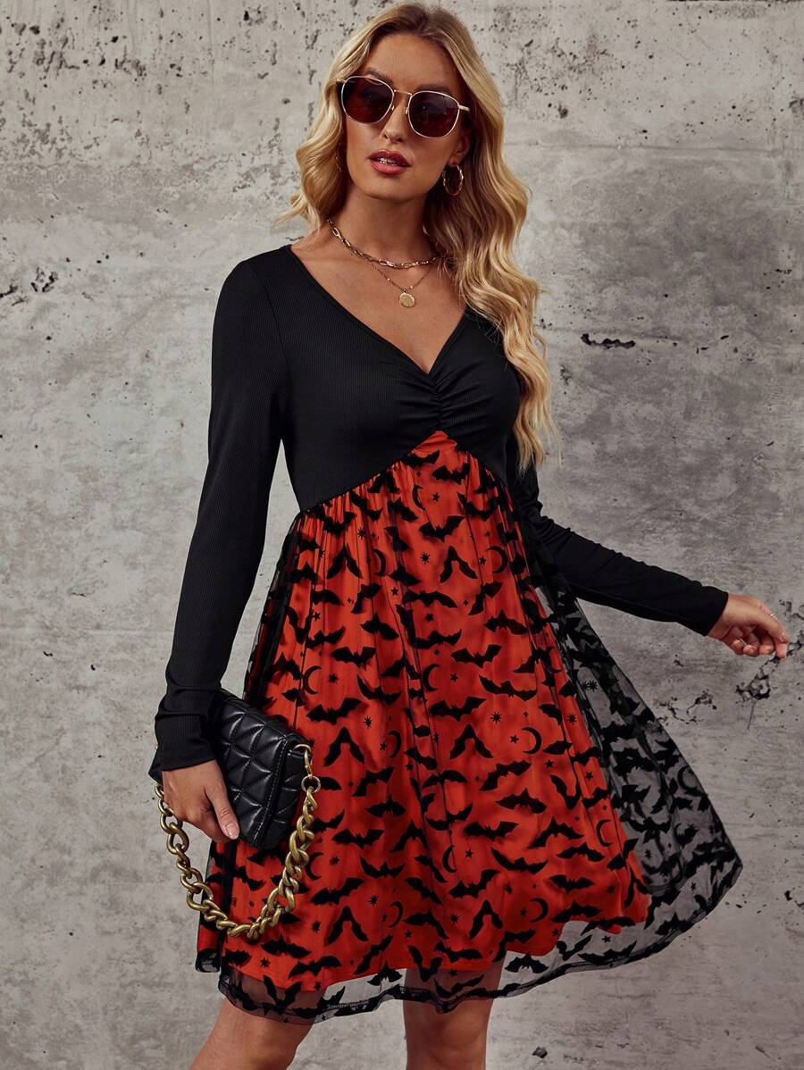 SHEIN Clasi 萬聖印花胸部褶皺網紗拼接洋裝 - 彩色 - 查看 1