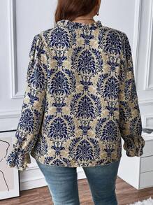 SHEIN Franclia Plus Allover Print Tie Neck Flare Sleeve Blouse - Blue - View 2