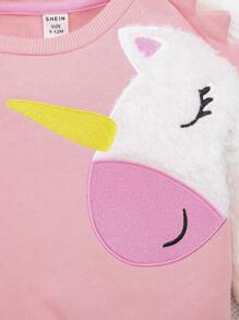 SHEIN 女嬰獨角獸印花 3D 耳朵設計毛絨袖運動衫 - 粉色 - 查看 4