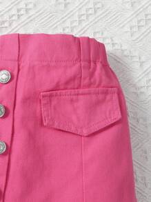 SHEIN 年轻女孩 Y2K 都市多巴胺粉色纽扣紧身短款牛仔夹克和裙子两件套服装 - 玫紅色 - 查看 5