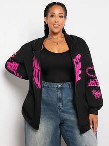 SHEIN CURVE+ 加大码字母图案拉链落肩抽绳卫衣 - 黑色 - 查看 4