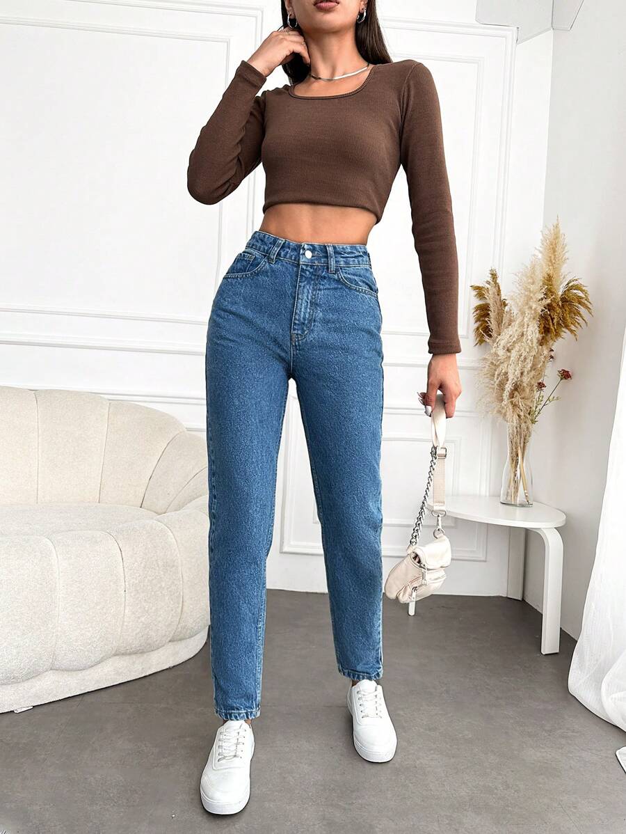 Cloudara High Waist Mom Fit Jeans - Medium Wash - View 1