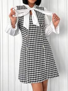 RueChic Houndstooth Print Tie Neck Flare Sleeve Dress - Black and White - View 1