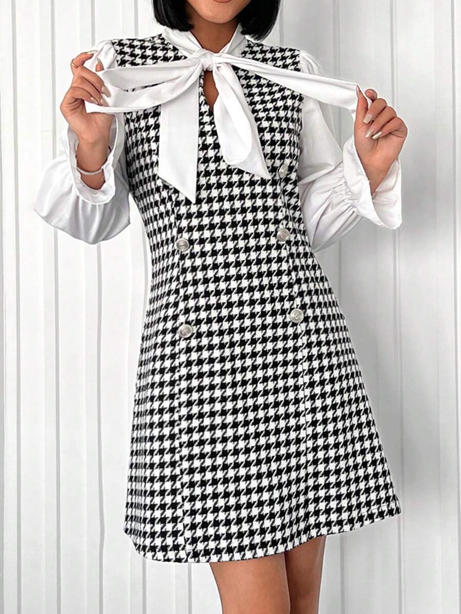 RueChic Houndstooth Print Tie Neck Flare Sleeve Dress - Black and White - View 1