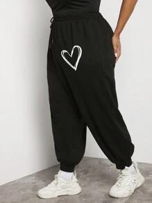 SHEIN CURVE+ Hơn In Trái tim Eo dây rút Quần thể thao - màu đen - Xem 6