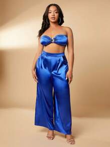 SHEIN SXY Hơn Chi tiết vòng Buộc lại Ống ngọn Và Quần Palazzo - Màu xanh lam - Xem 3