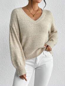 SHEIN Essnce V領落肩袖套頭毛衣 - 杏色 - 查看 6