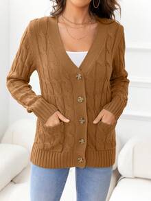 DEARCASE Cable Knit Pocket Patched Button Front Cardigan - Camel - View 3