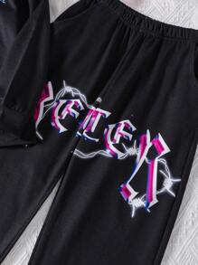 SHEIN Adolescent Fille Sweat-Shirt À Capuche Zippé À Lettres & Pantalon De Survêtement