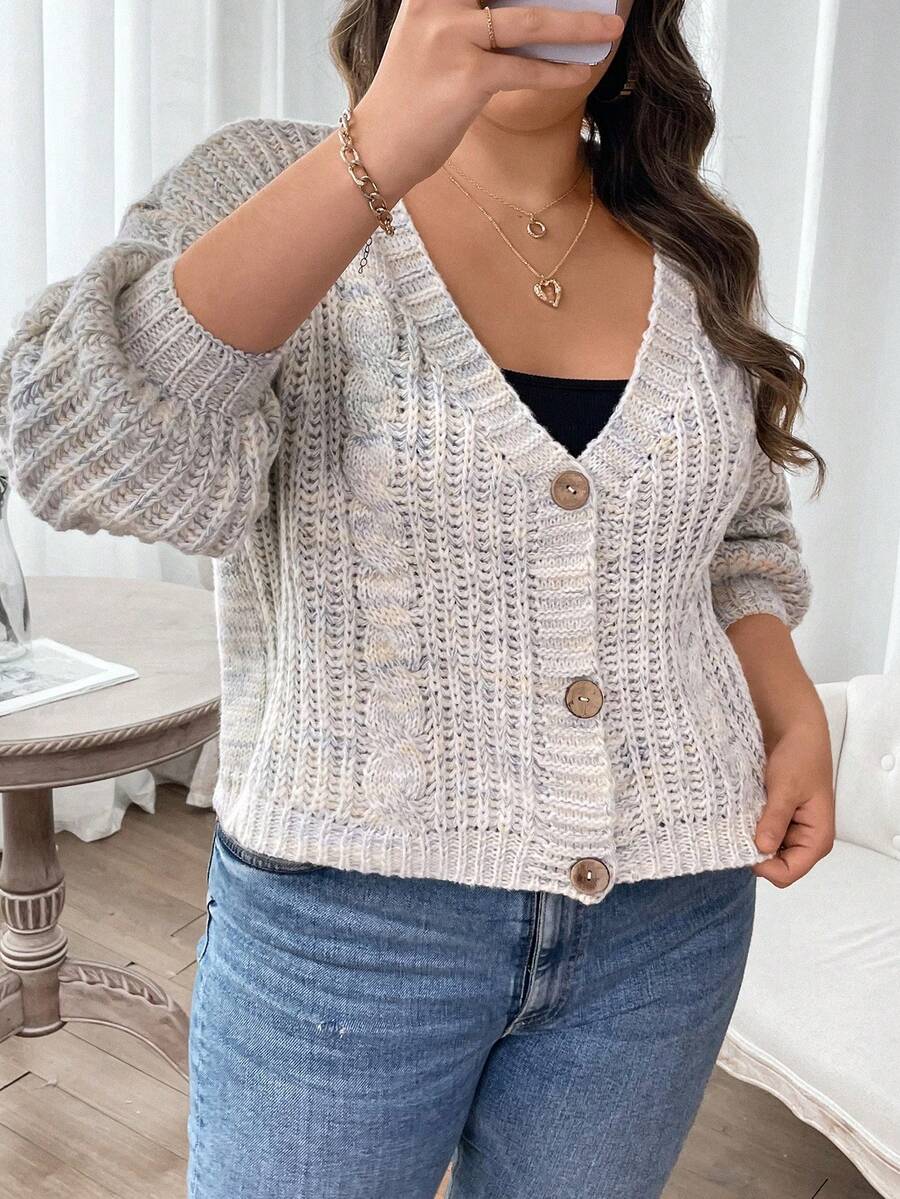 Flirla 大碼段染落肩袖麻花編織開襟衫 - 彩色 - 查看 1