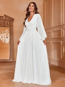 Faeriesty Appliques V Neck Lantern Sleeve Wedding Dress White Elegant Long Sleeve Formal Evening Prom Wedding Guest Gown, For Graduation, Dinner Party Dress - 白色 - 查看 6