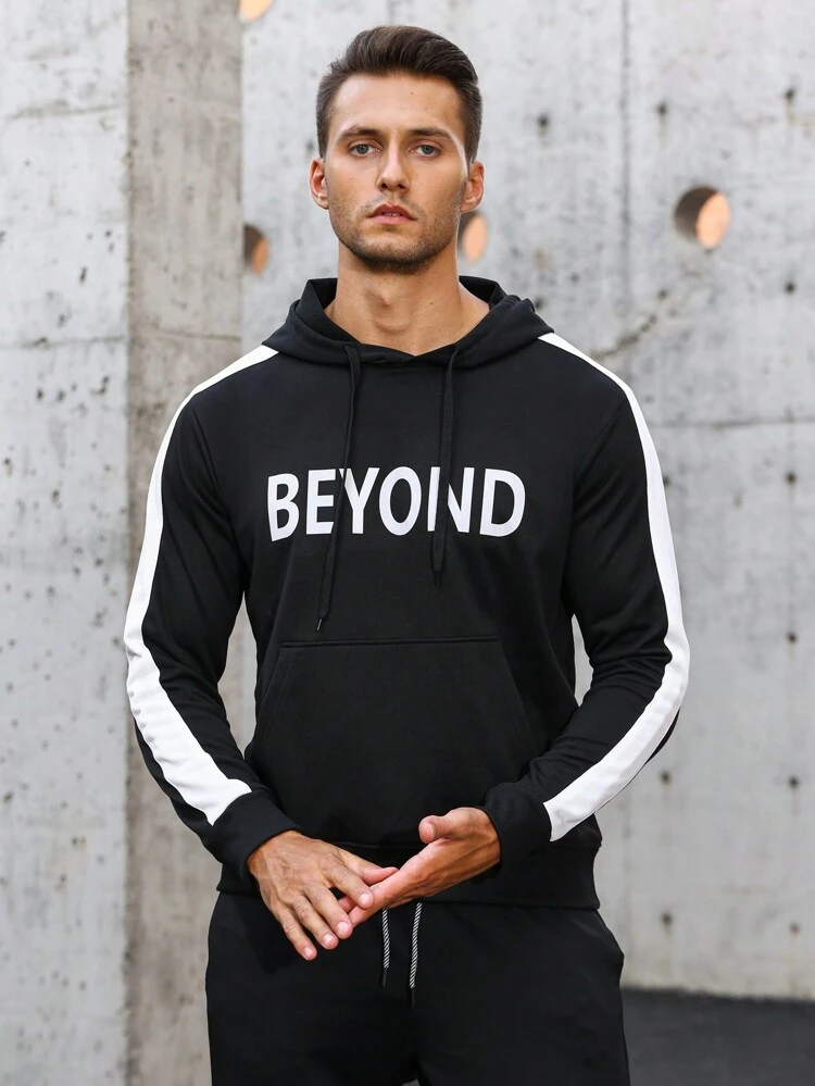 Men Letter Graphic Contrast Side Seam Drawstring Sports Sweatshirt Men Sweatshirt