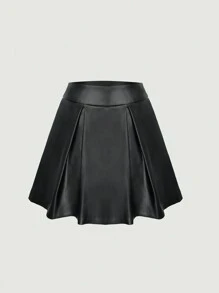 GENKIRA Solid PU Leather Pleated Skirt - Black - View 1