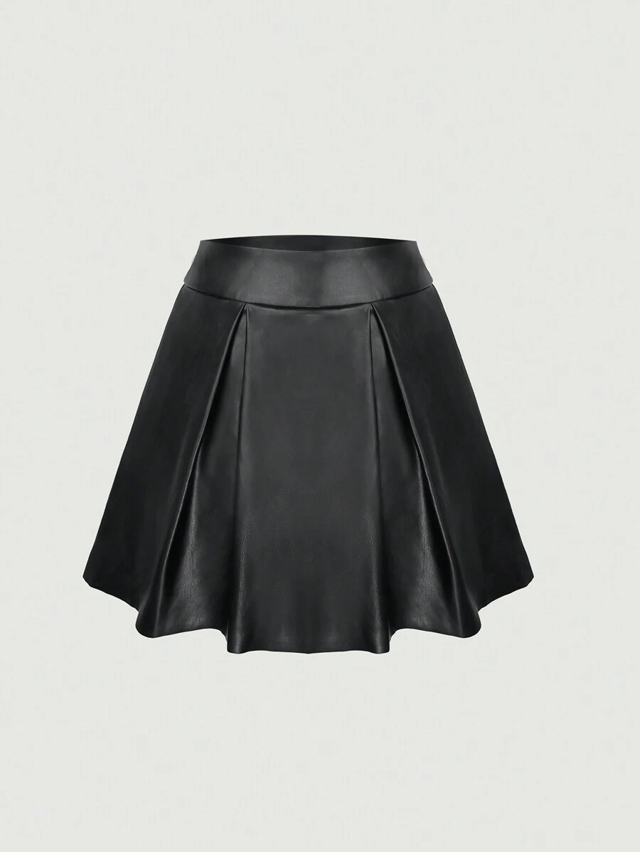 GENKIRA Solid PU Leather Pleated Skirt - Black - View 1