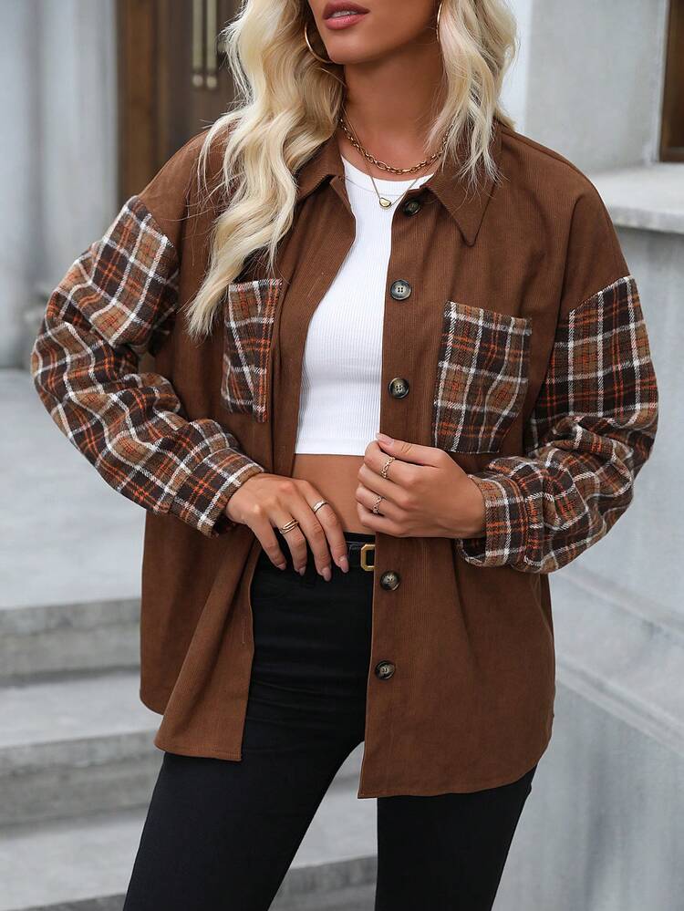 Plaid Print Drop Shoulder Coat Fall Cloth For Women