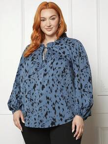 SHEIN CURVE+ Plus Allover Print Tied Neckline Lantern Sleeve Blouse - Blue - View 3