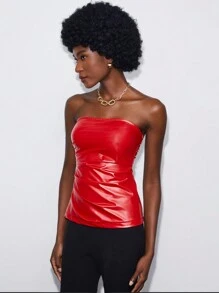 Maija Solid PU Leather Tube Top - Red - View 1