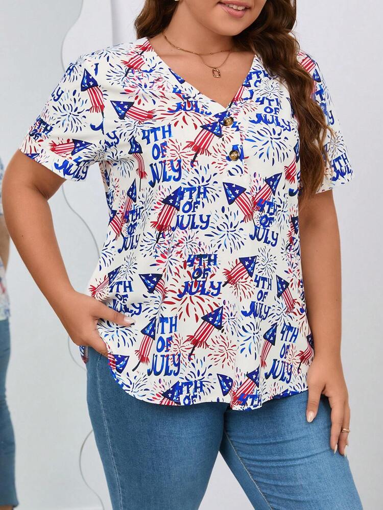 Plus Letter & Firework Print Button Front Blouse