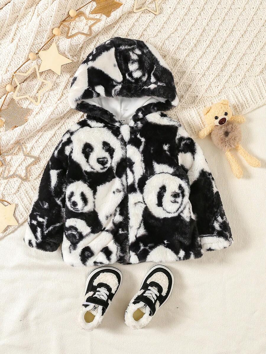 Baby Girl Panda Pattern Hooded Teddy Jacket - Khaki - View 1