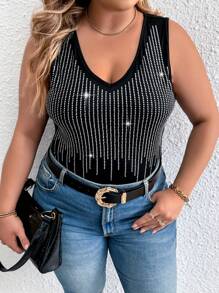 Celure Plus Rhinestone Detail Tank Bodysuit - Black - View 1