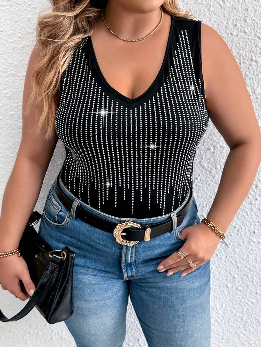Celure Plus Rhinestone Detail Tank Bodysuit - Black - View 1