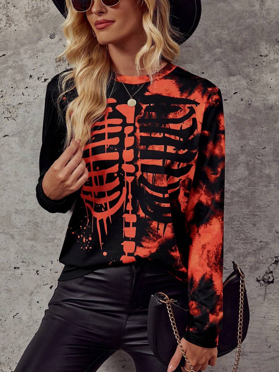 SHEIN LUNE 萬聖節紮染骷髅圖案T恤 - 彩色 - 查看 1