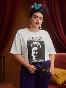 Frida Kahlo X SHEIN Plus Figure & Letter Graphic Drop Shoulder Tee - White - View 5