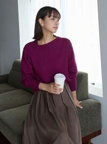 FRIFUL Solid Asymmetrical Neck Drop Shoulder Sweater,Long Sleeve Tops,Fall Clothes - Red Violet - View 2